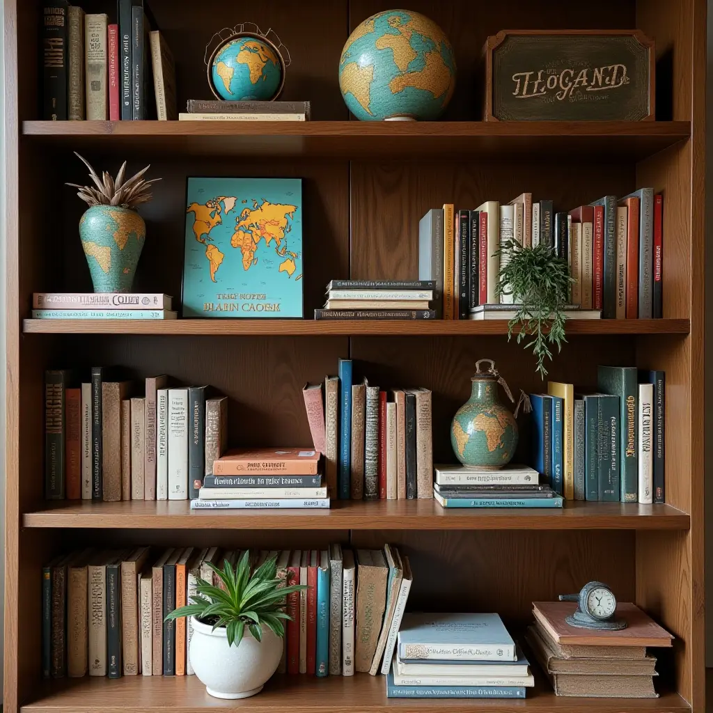 a photo of a library shelf decorated with travel souvenirs and world literature