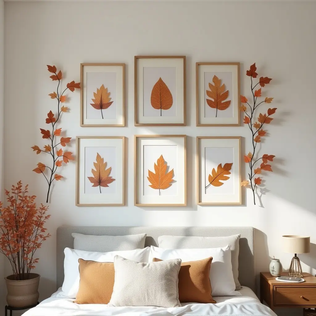 a photo of a seasonal gallery wall decorated with autumn leaves and winter themes in a teen's bedroom