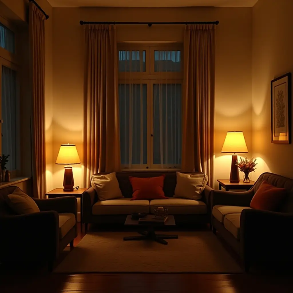 a photo of a small living room with a warm glow from lamps