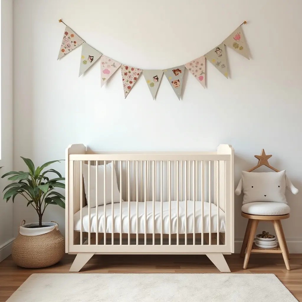 a photo of a whimsical nursery with a farmhouse theme and decorative bunting