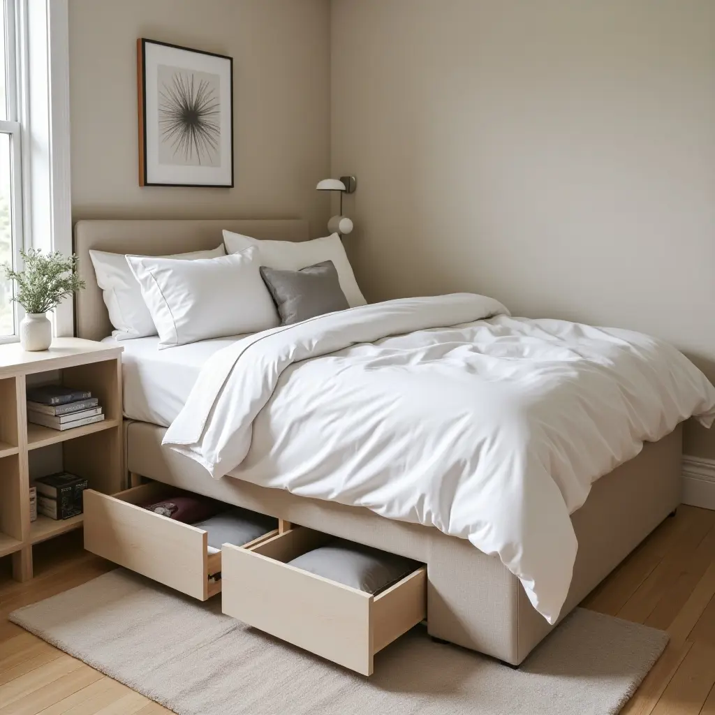 a photo of a small bedroom with under-bed storage solutions