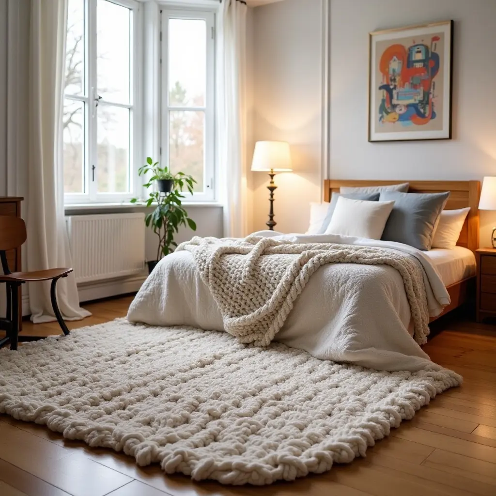 a photo of a cozy, oversized knit rug in a teen's room