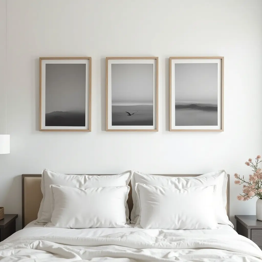 a photo of a minimalist wall art display with black and white photography in a teen's room