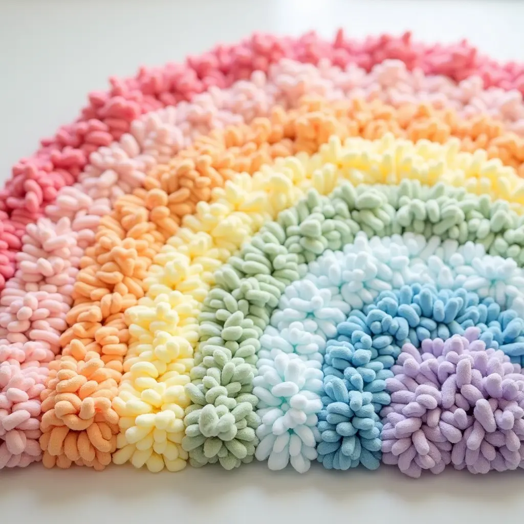 a photo of a rainbow gradient rug with fluffy texture for a cozy nursery