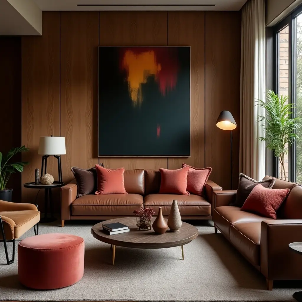 a photo of a sophisticated living room with velvet pillows, wooden accents, and leather upholstery
