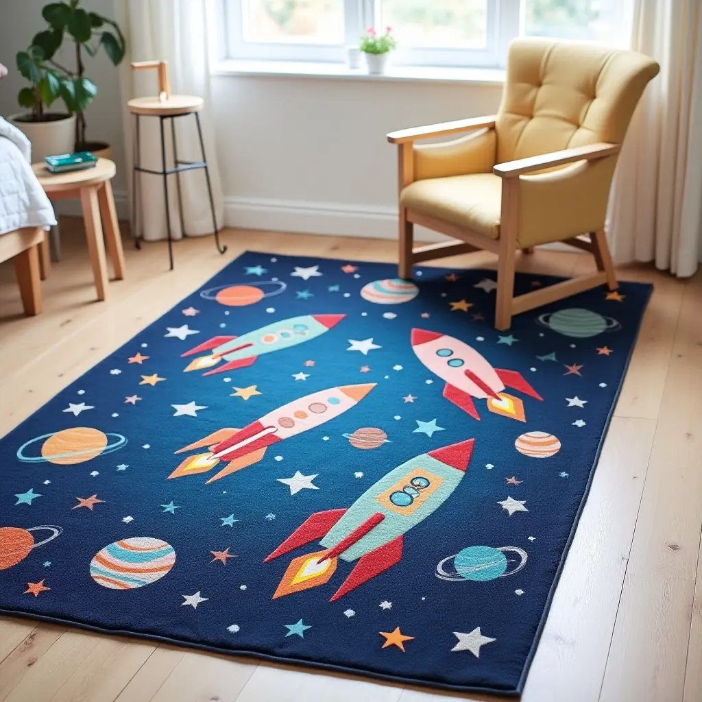 a photo of a space-themed rug with rockets and planets for a child's room