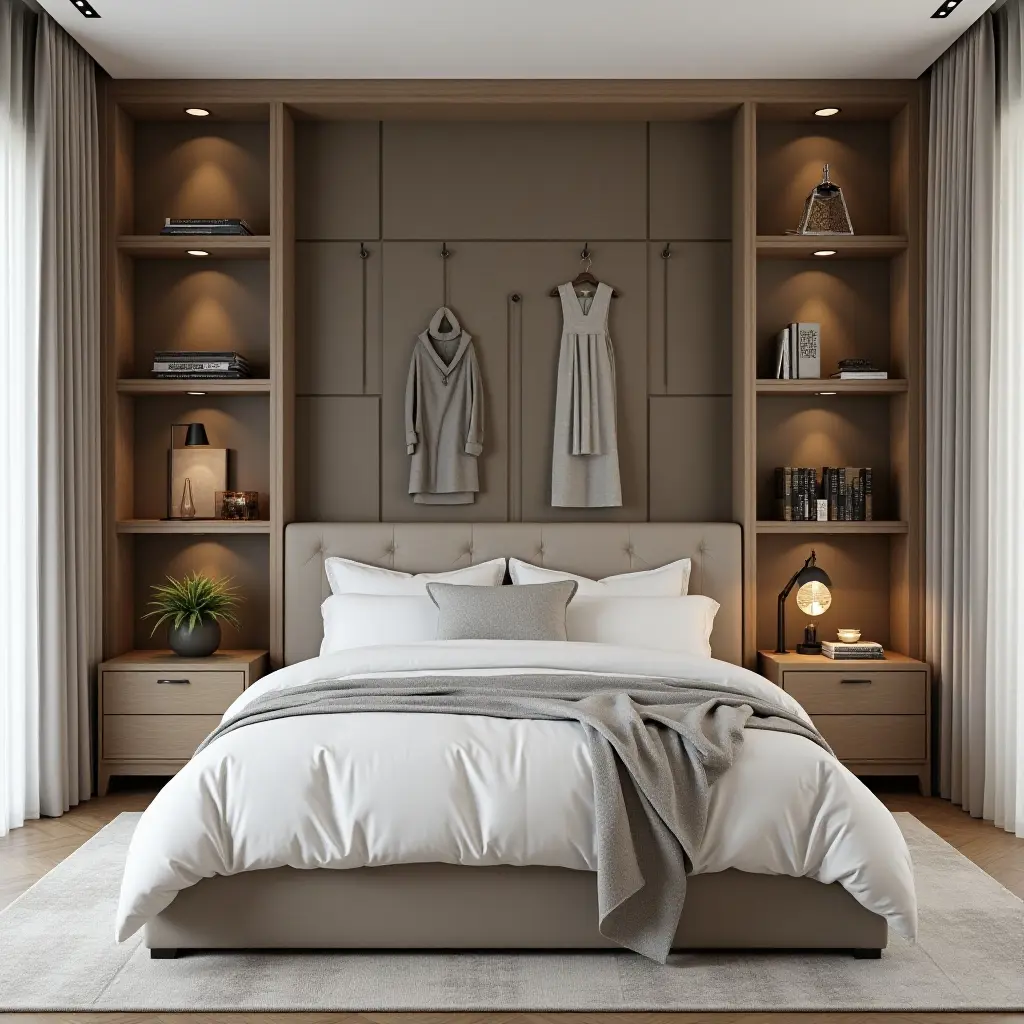 a photo of a stylish bedroom with a unique shelving layout and decor