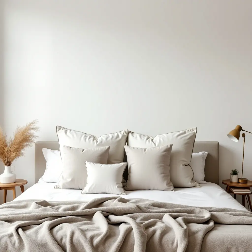 a photo of a bright bedroom with oversized pillows and a cozy blanket