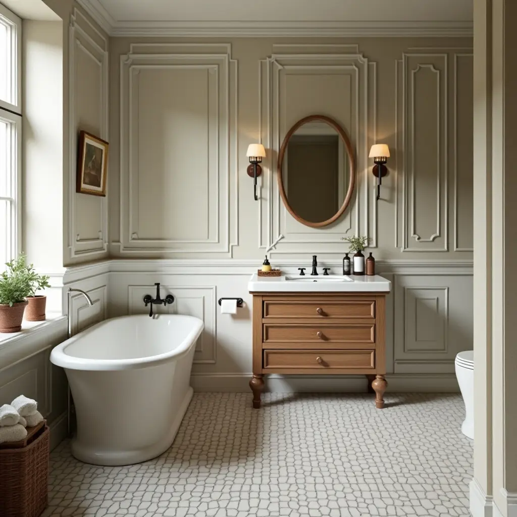 a photo of a vintage-themed bathroom with modern storage solutions and fixtures