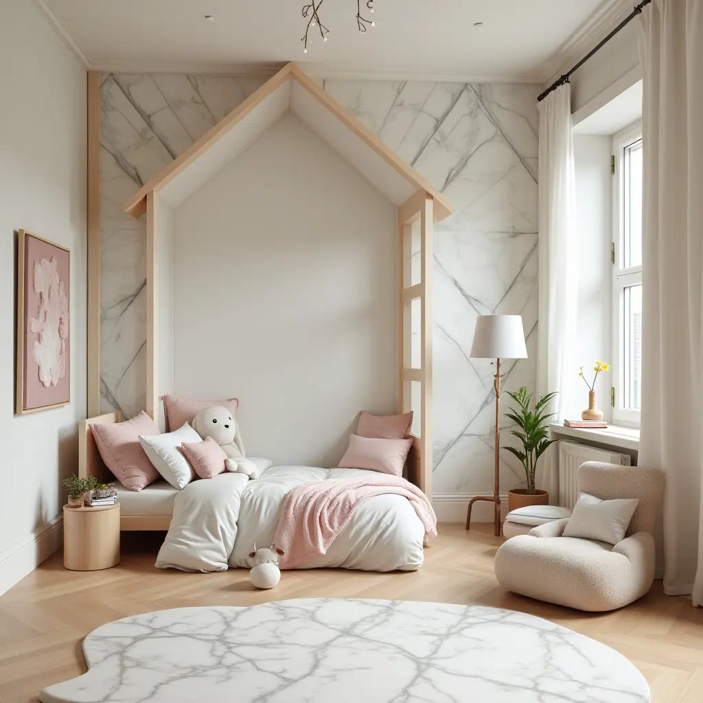 a photo of a playful kids' room with marble designs and imaginative themes