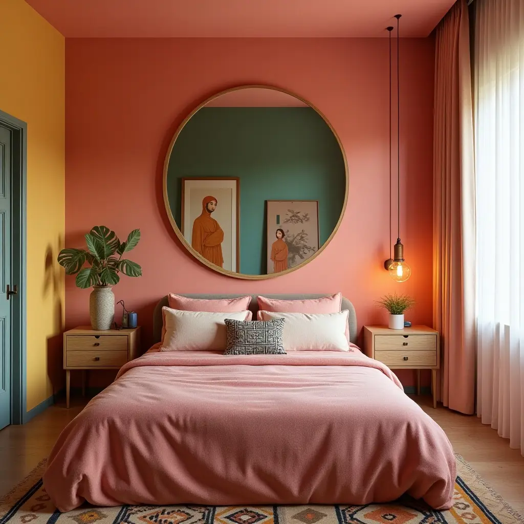 a photo of a vibrant room with a mirror gallery above the bed