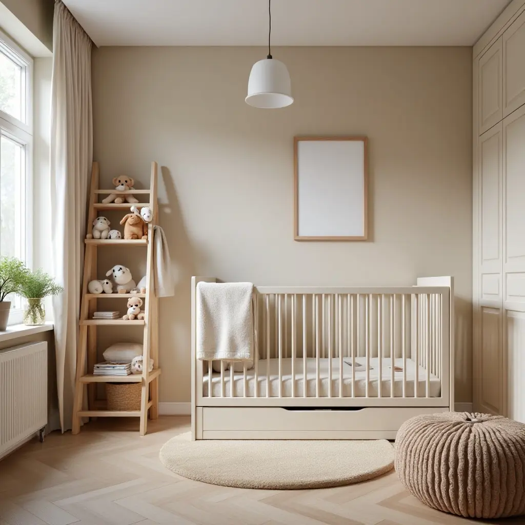 a photo of a practical kids' bedroom with a foldable crib