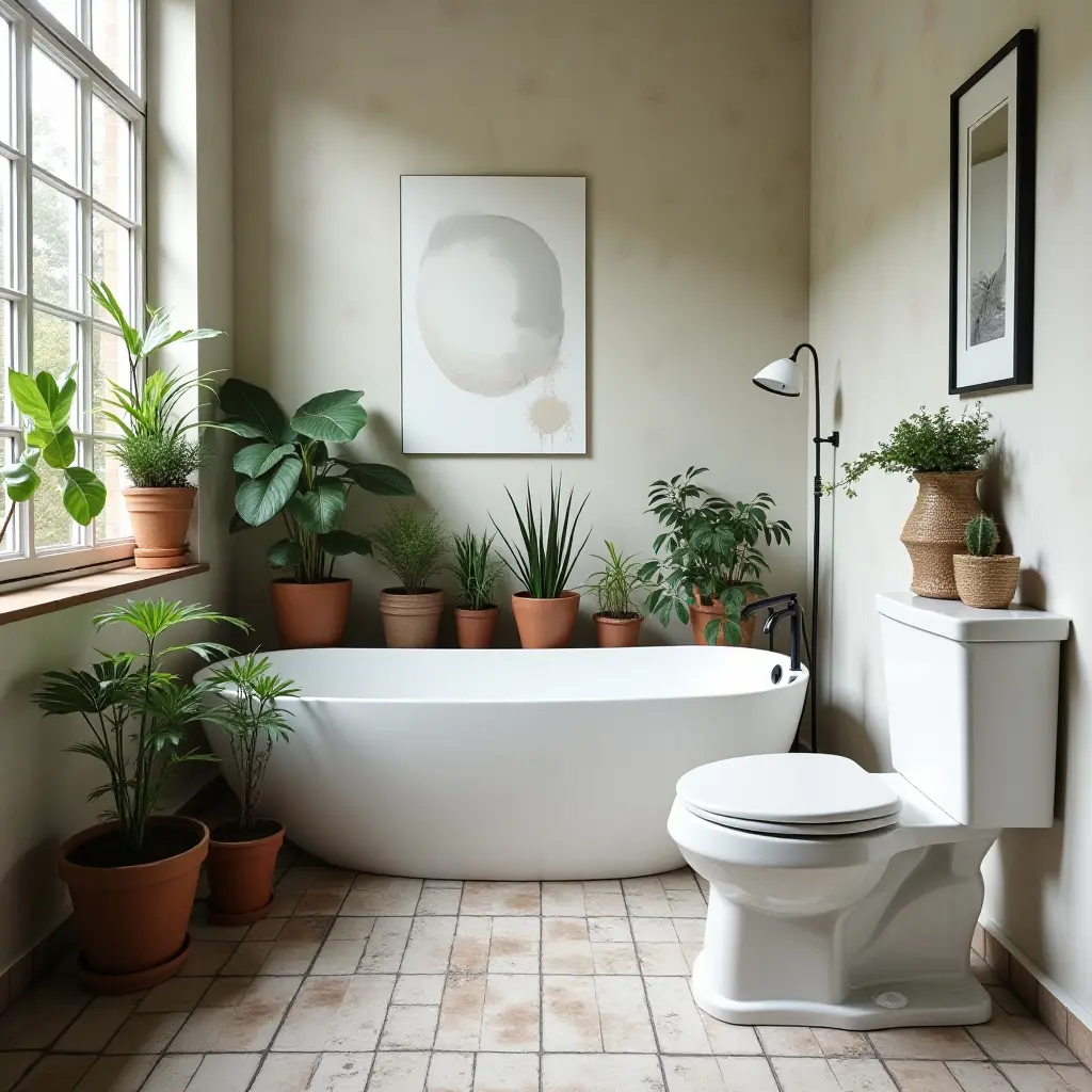 a photo of a bathroom with a collection of vintage plant pots