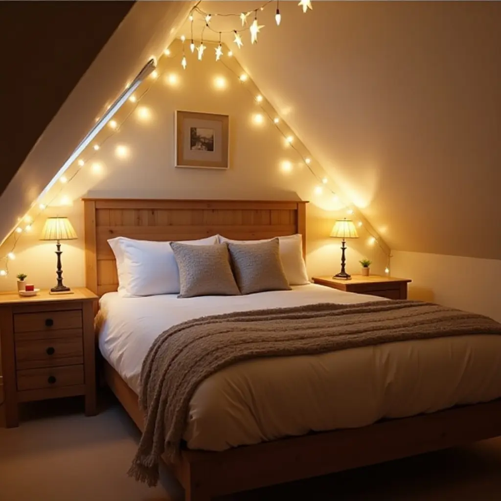 a photo of a cozy attic bedroom with sloped ceilings and fairy lights