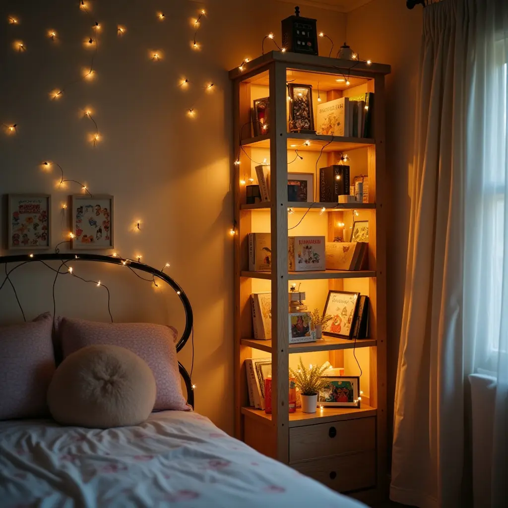 a photo of a whimsical bookshelf with fairy lights in a child's bedroom