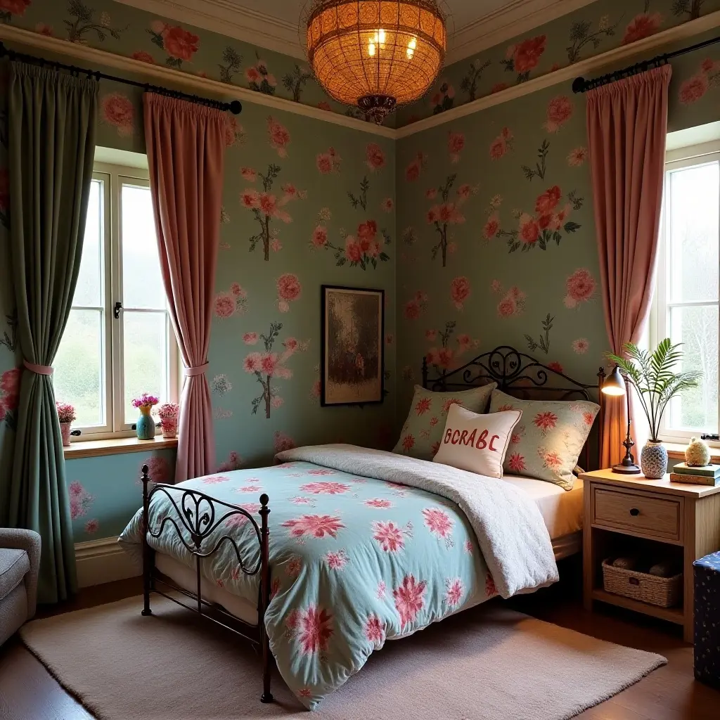 a photo of a fantasy-themed kids' bedroom with whimsical fabric, enchanted wood, and magical metal accents