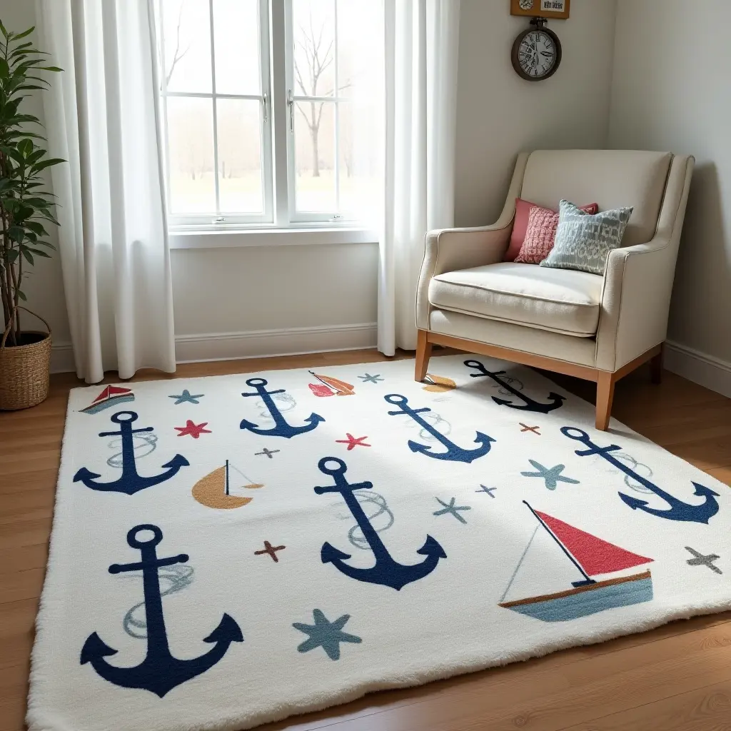 a photo of a nautical-themed rug with anchors and boats for a nursery