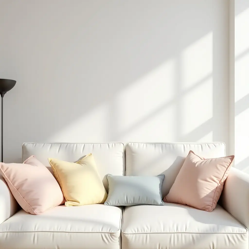 a photo of a bright basement with pastel throw pillows on a white sofa