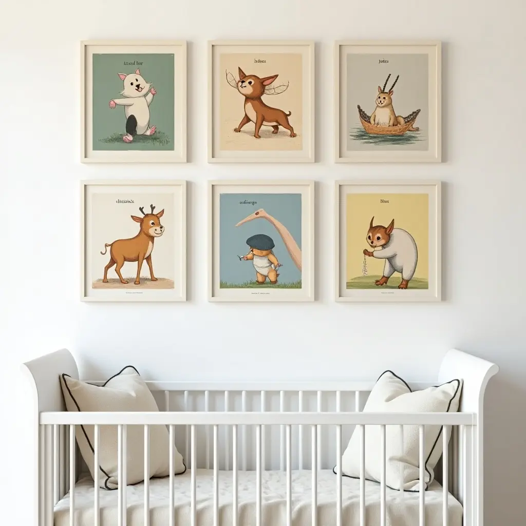 a photo of a nursery gallery wall featuring vintage children's book covers