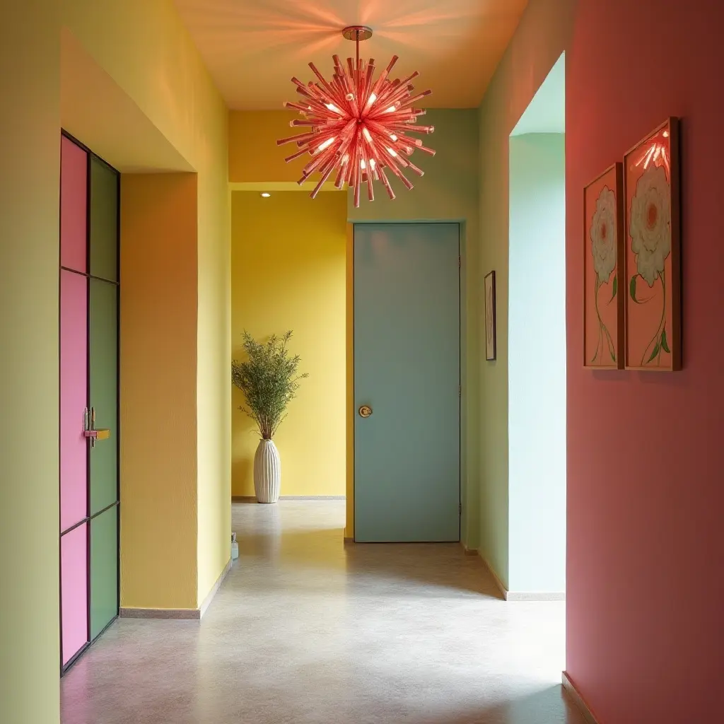 a photo of an entrance hall with a whimsical light fixture and colorful wall paint