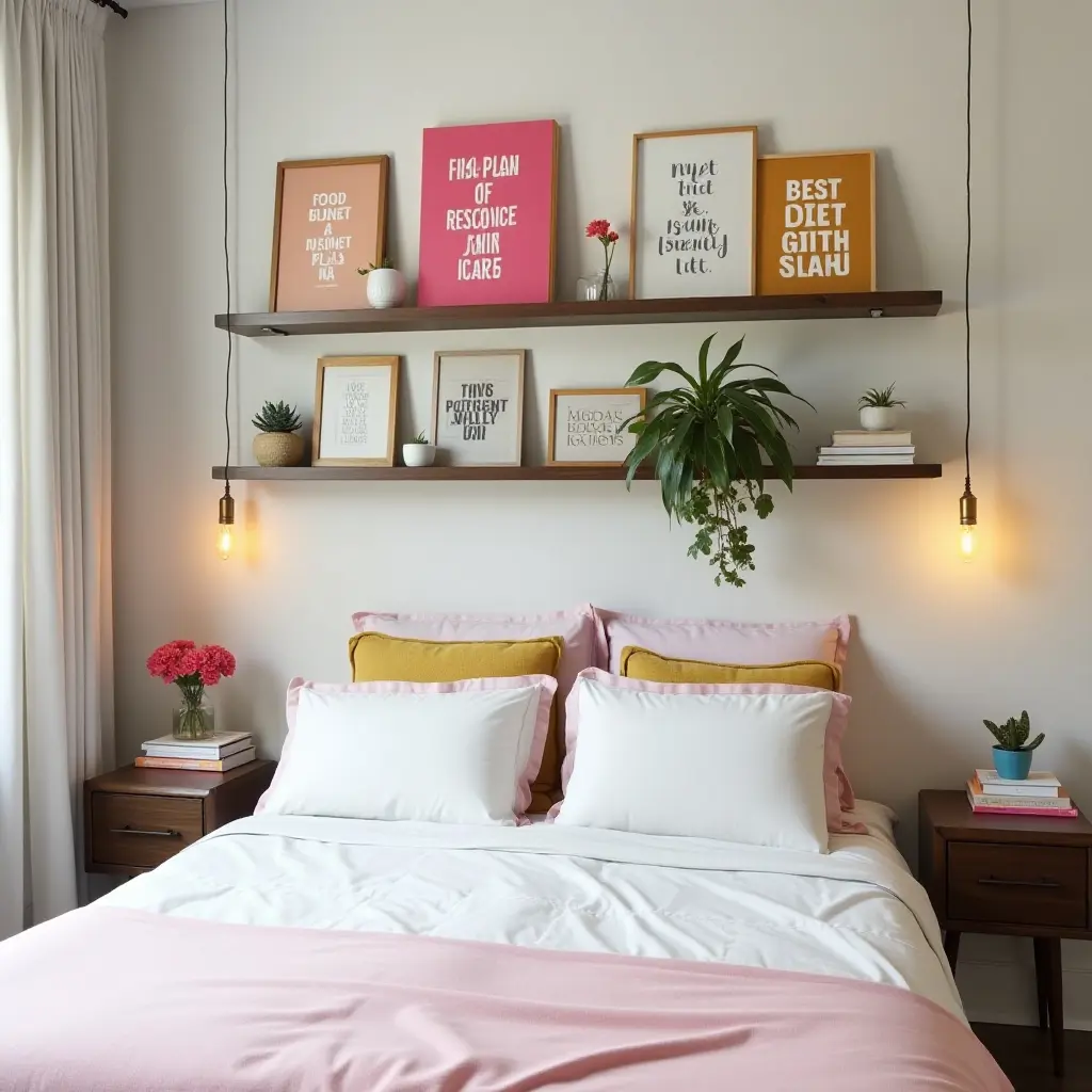 a photo of a colorful bedroom shelving arrangement with inspirational quotes and art