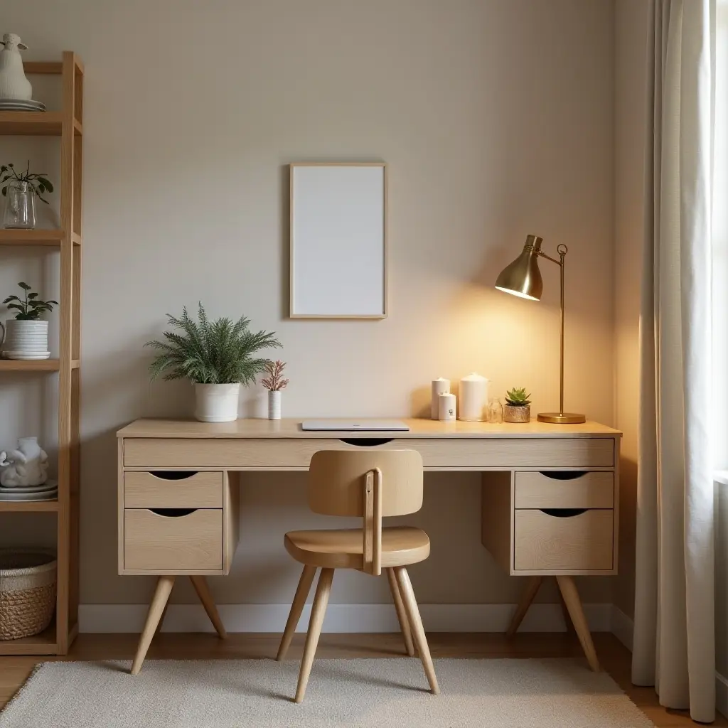 a photo of a stylish kids' room featuring metallic desk accessories
