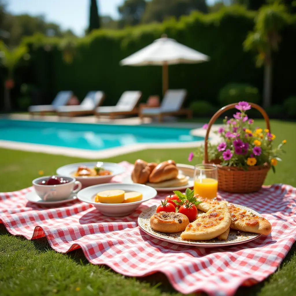 a photo of a colorful picnic setup on the poolside lawn