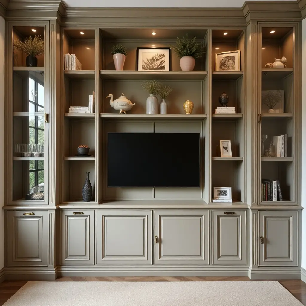 a photo of a luxurious built-in bookcase with gold accents and glass doors