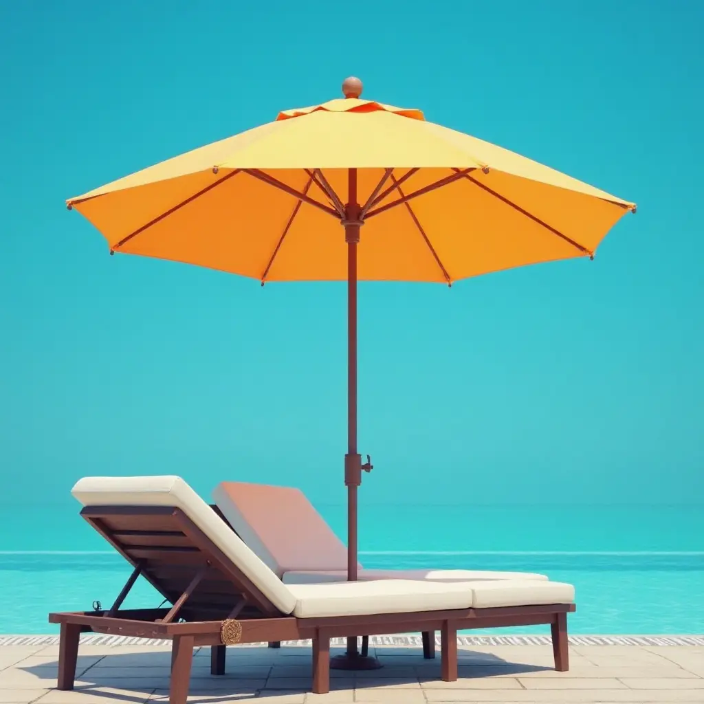 a photo of a vibrant umbrella shading a poolside lounge chair