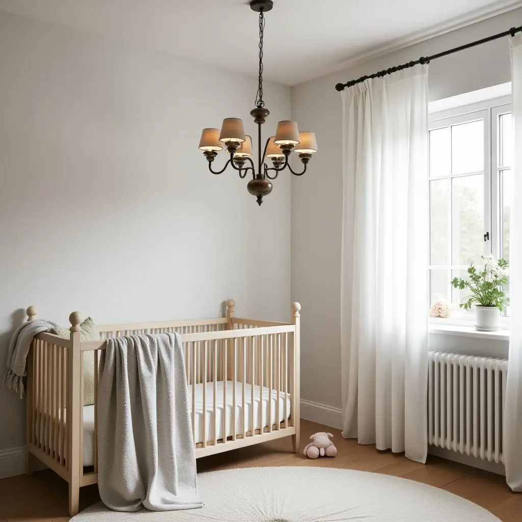 a photo of a modern nursery with a vintage chandelier