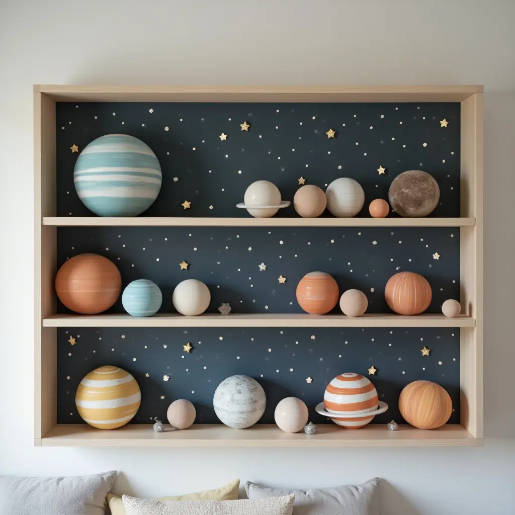 a photo of a space-themed shelf with planets and stars for kids' room