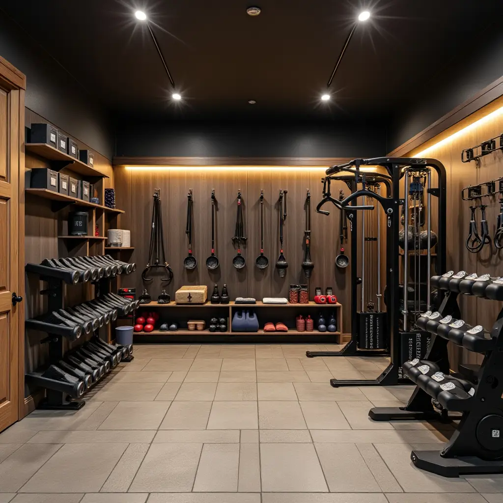 a photo of a basement gym with organized equipment storage