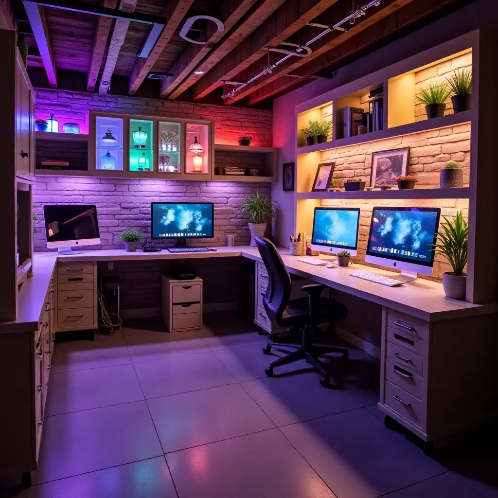 a photo of a basement craft area with multi-colored accent lights