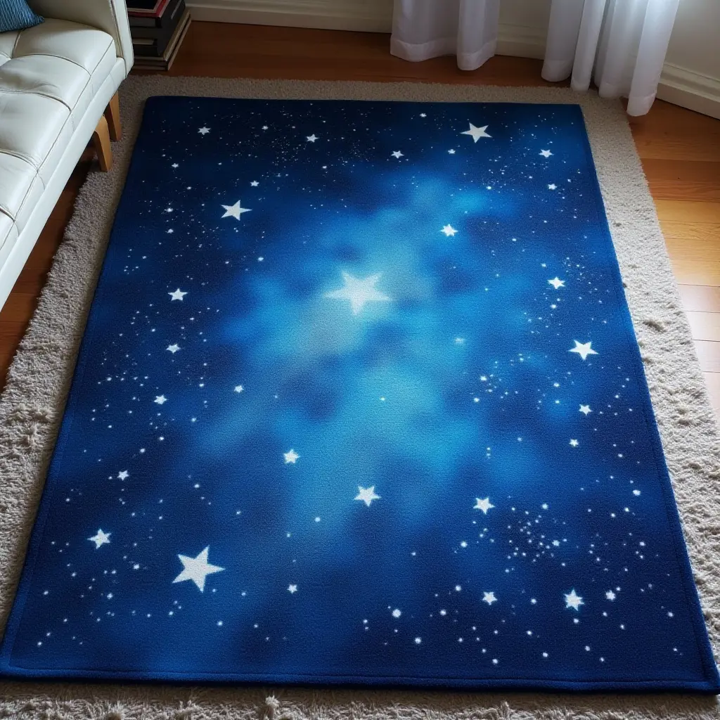 a photo of a starry night sky rug with deep blue hues for a nursery