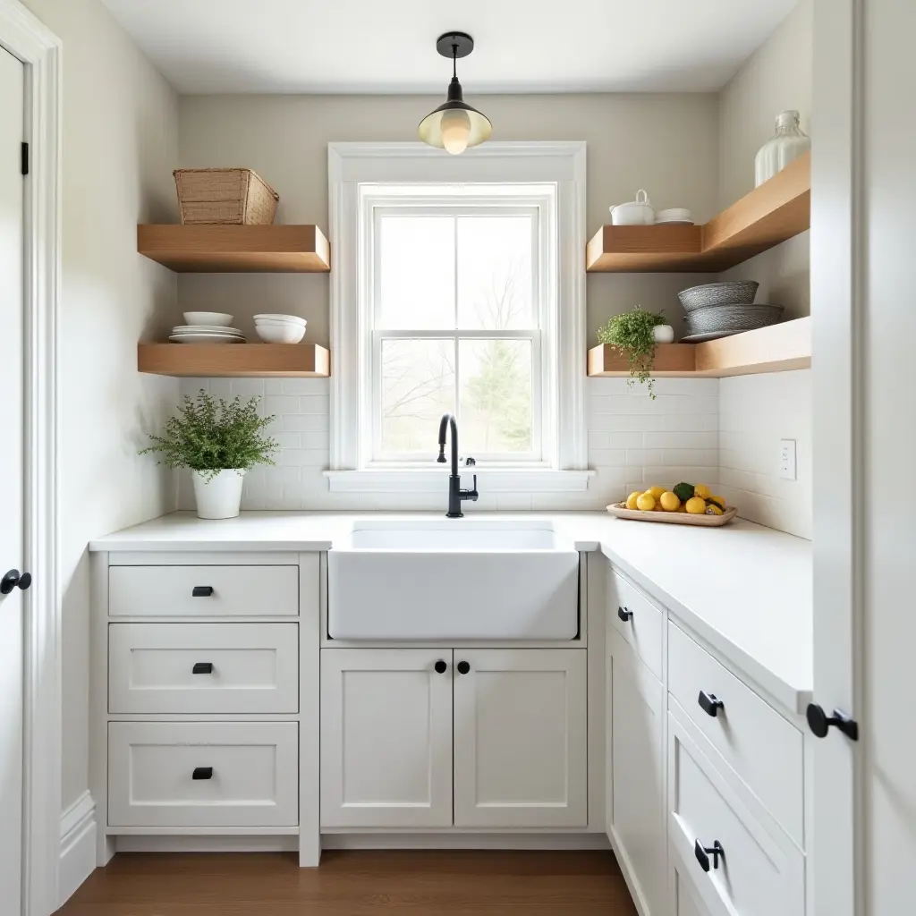 a photo of a butler's pantry with a farmhouse sink and open shelving