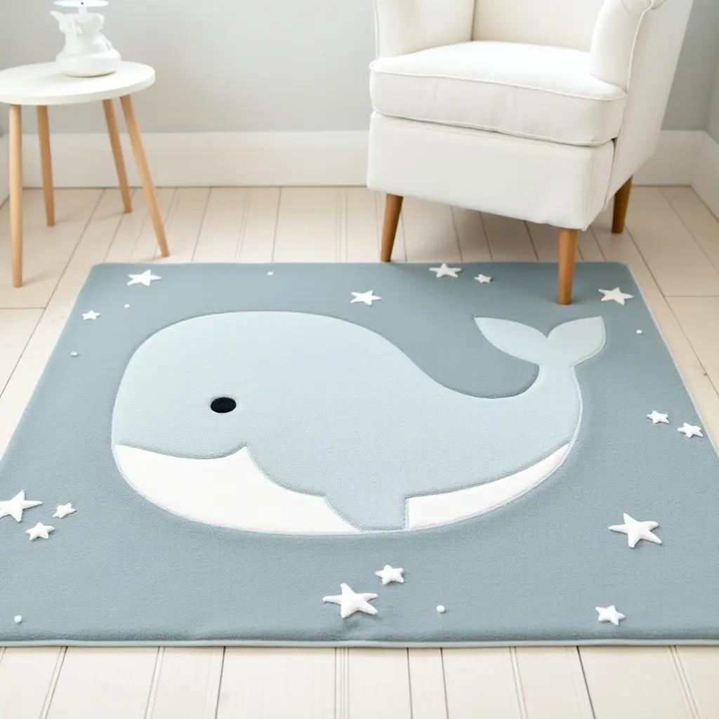 a photo of a soft, plush rug shaped like a whale for a nursery