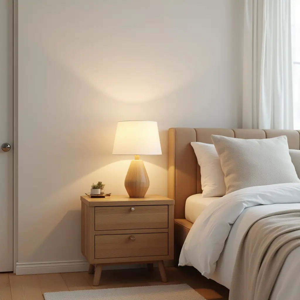 a photo of a wooden nightstand with a lamp in a nursery