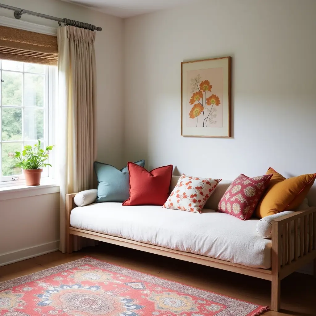a photo of a cozy bedroom featuring a daybed and colorful cushions