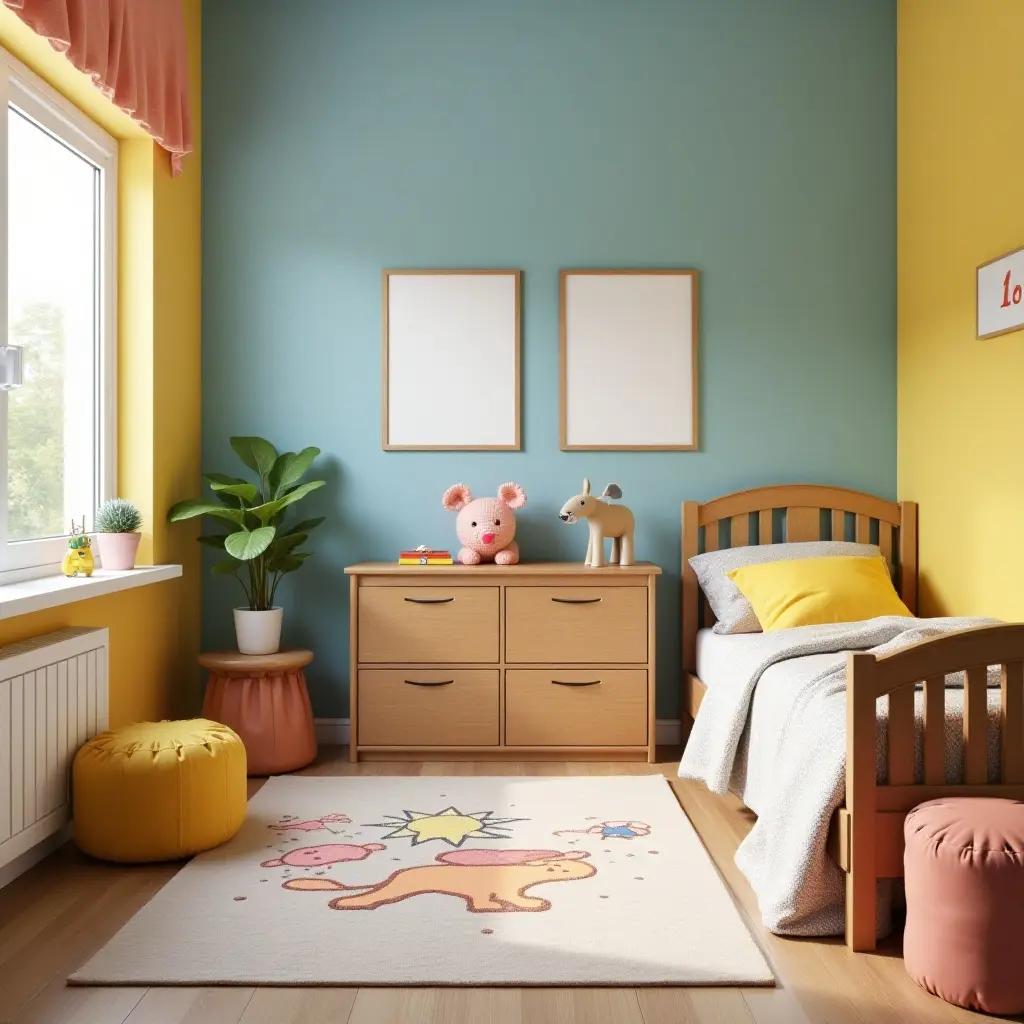 a photo of a colorful kids' bedroom with wooden storage bins