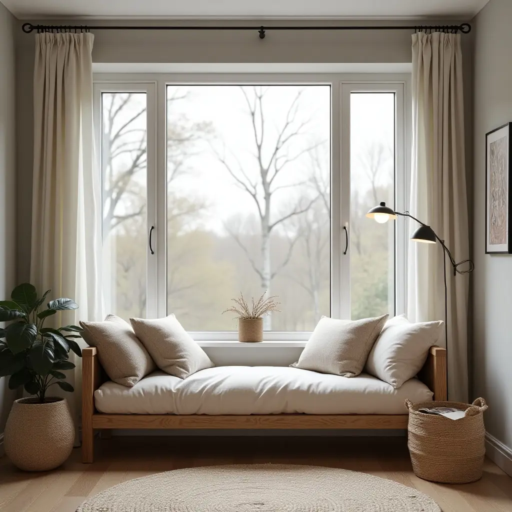a photo of a cozy reading nook in a Scandinavian living room with a large window