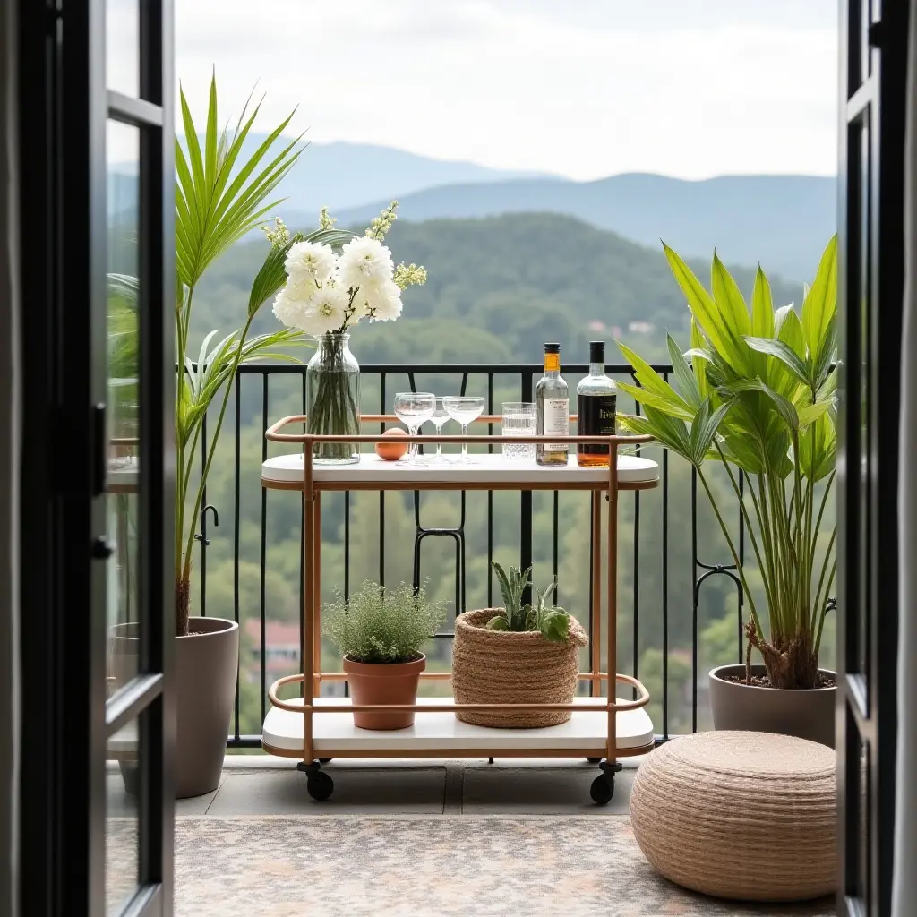 a photo of a balcony with a stylish bar cart used for storage and decor