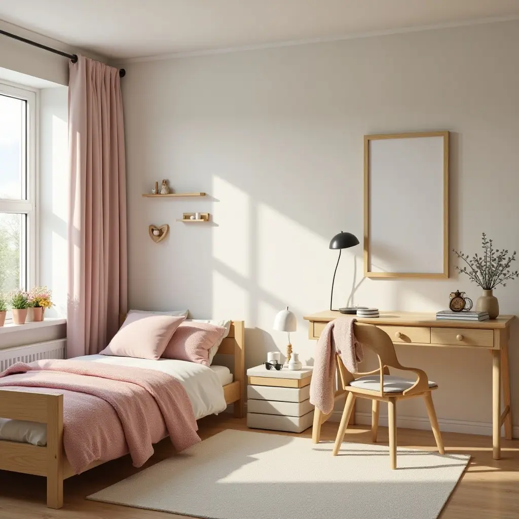 a photo of a cozy kids' bedroom with wooden furniture and colorful bedding