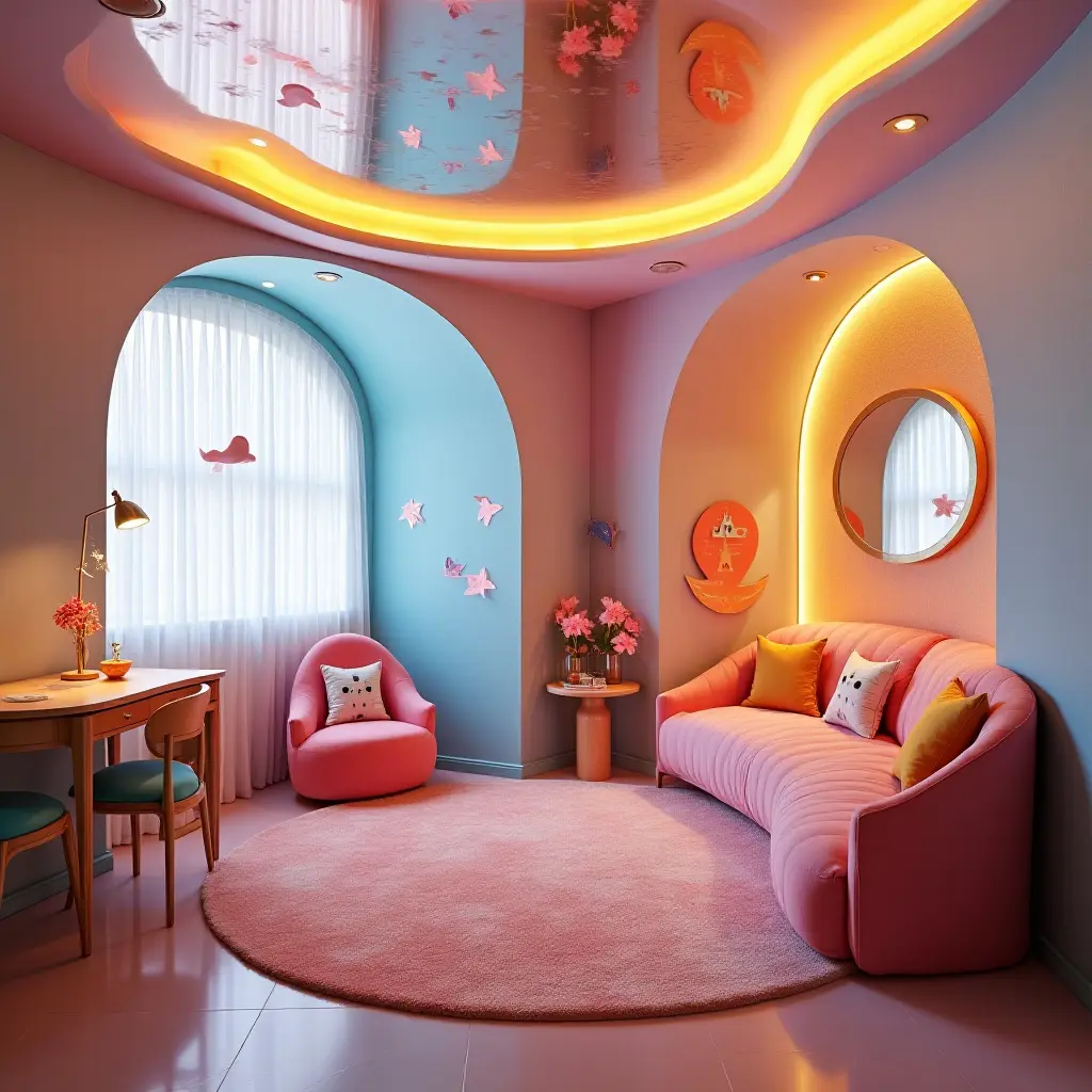 a photo of a whimsical kids' room with a mirrored ceiling and colorful lighting