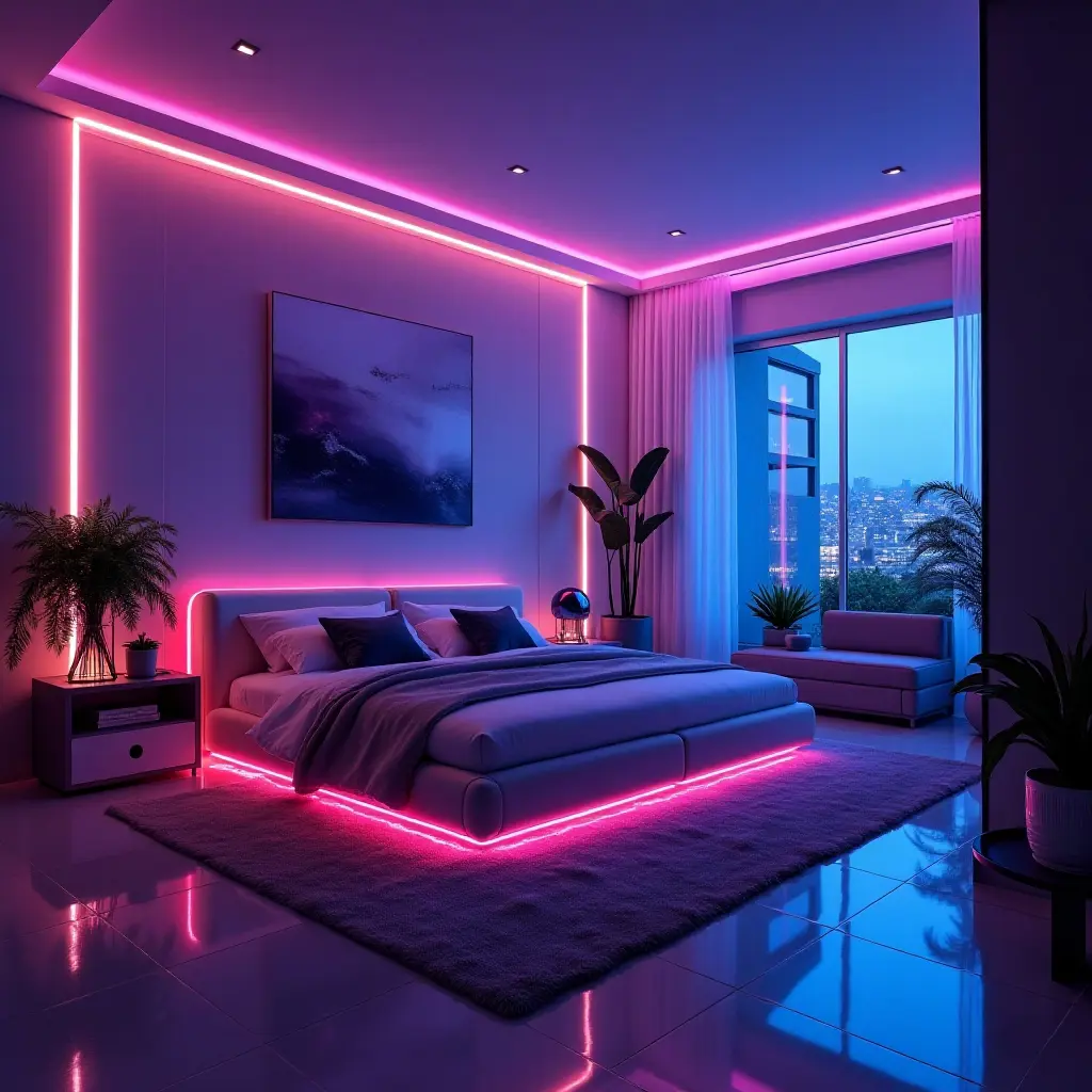 a photo of a futuristic bedroom design with neon lights and modern furniture