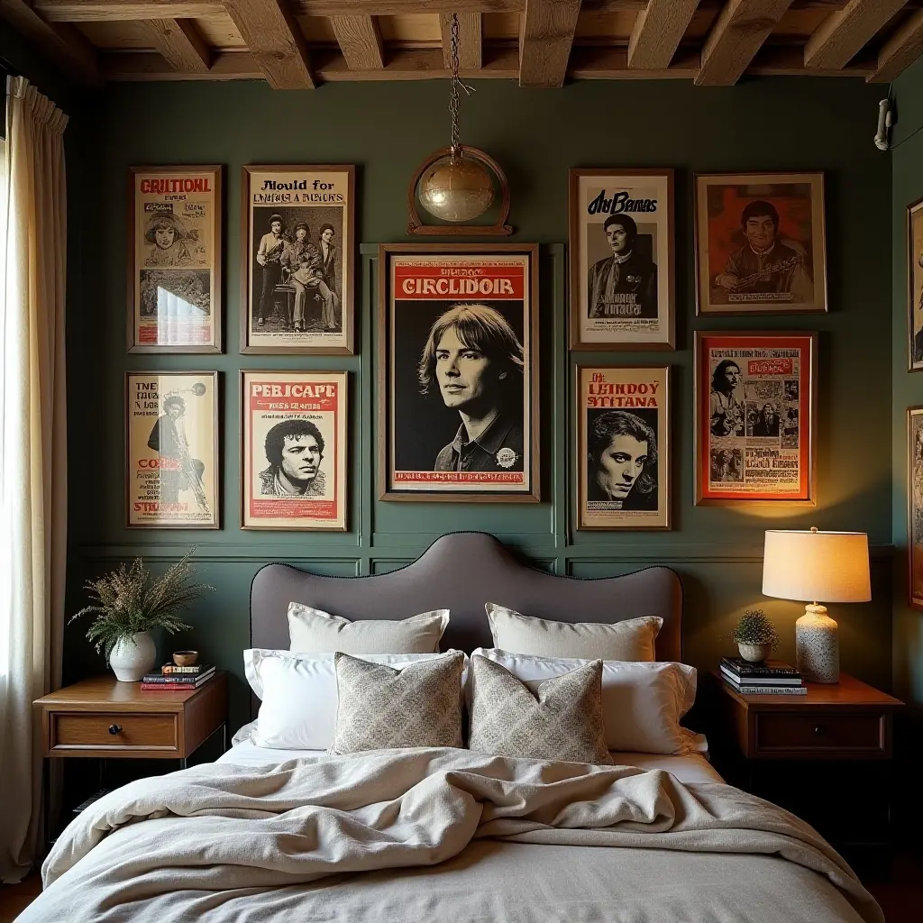 a photo of a wall adorned with framed vintage concert posters in a music lover's bedroom