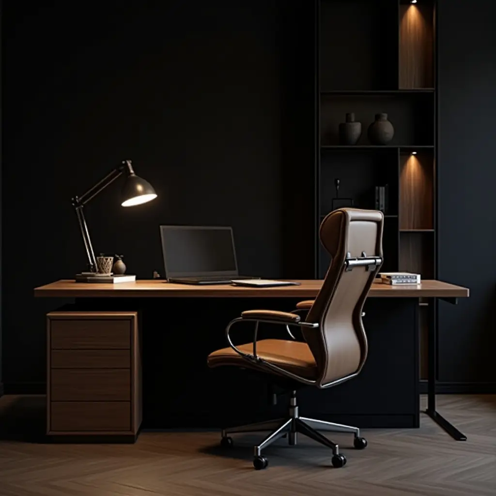 a photo of a professional office setup with a dark theme and leather accents