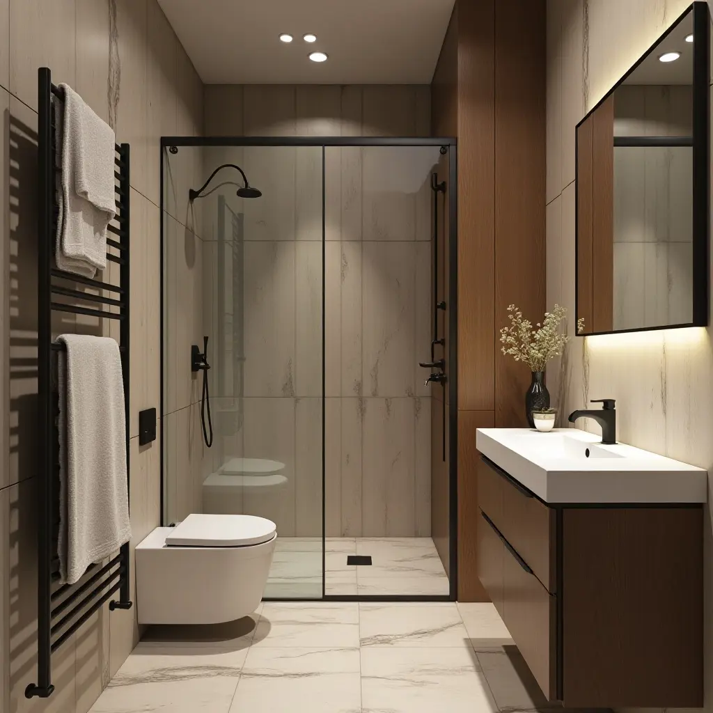 a photo of a compact bathroom with efficient use of tile, wood, and metal textures