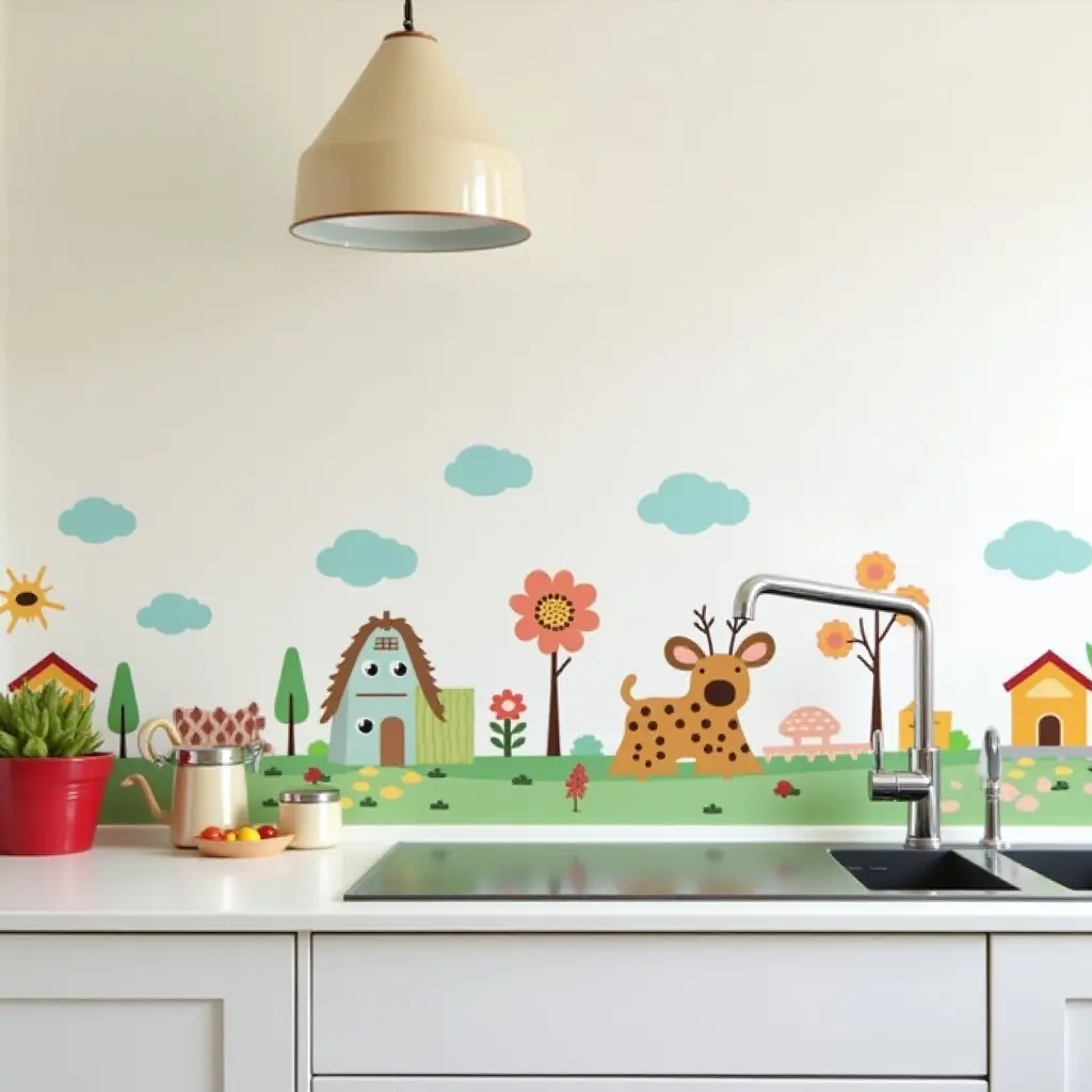 a photo of a whimsical cartoon-themed backsplash in a children's kitchen