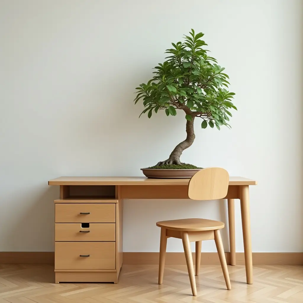 a photo of a child's desk with a small bonsai tree