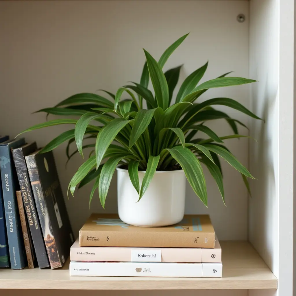 a photo of a creative plant arrangement on a bookshelf